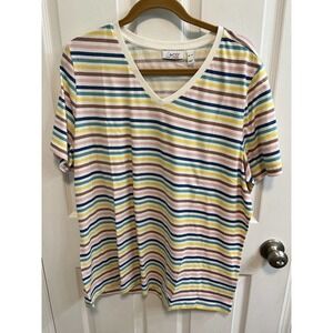 Denim Co XL Top Short Sleeve V Neck Yellow Pink Multi Color Striped Stretch New​